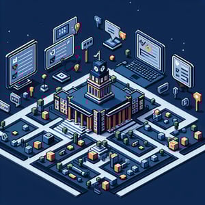 3D voxel art depicting online survey concept on a dark blue background, related to campus tour surveys.