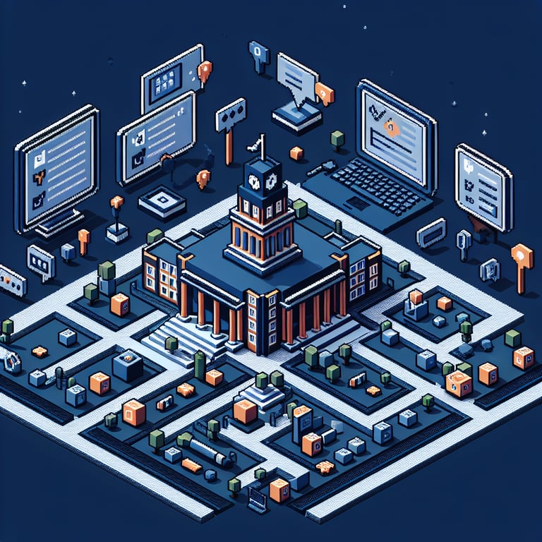 3D voxel art depicting online survey concept on a dark blue background, related to campus tour surveys.