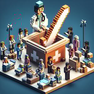 3D voxel art depicting the concept of online outpatient satisfaction surveys on a dark blue background.