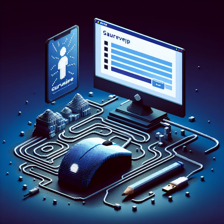 3D voxel art depicting online surveys with a dark blue background, symbolizing UX survey questions.