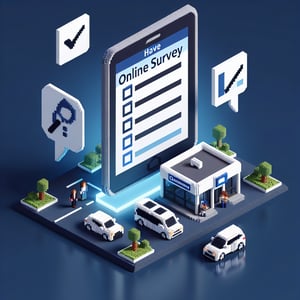 3D voxel art depicting online car dealership surveys on a dark blue background.