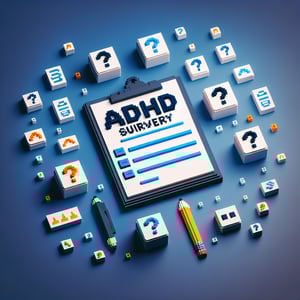 3D voxel art depicting online ADHD surveys with a dark blue background.