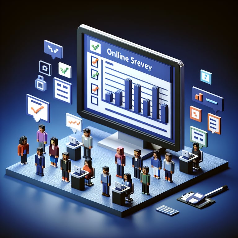 3D voxel art depicting the concept of online consumer awareness surveys on a dark blue background.