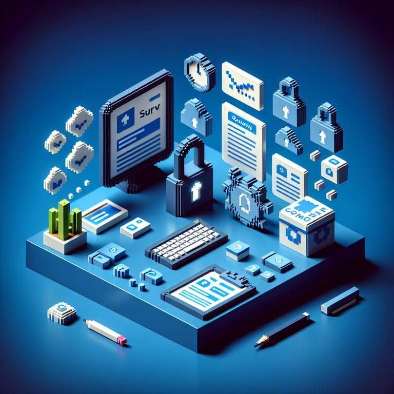 3D voxel art depicting online surveys, symbolizing cyber crime survey questions on a dark blue background.