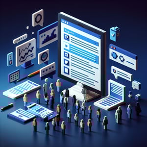 3D voxel art depicting online employee engagement surveys on a dark blue background.