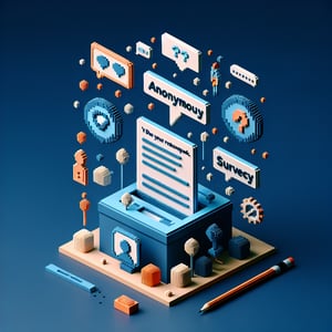 3D voxel art depicting online survey concept, themed around prostitution surveys on a dark blue background.