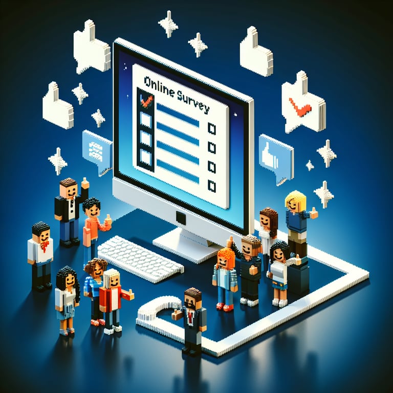 Artistic 3D voxel design illustrating IT feedback survey interface