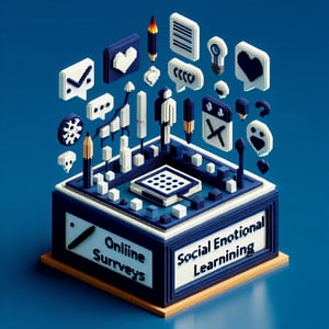 3D voxel art depicting online surveys on dark blue background, symbolizing social emotional learning.