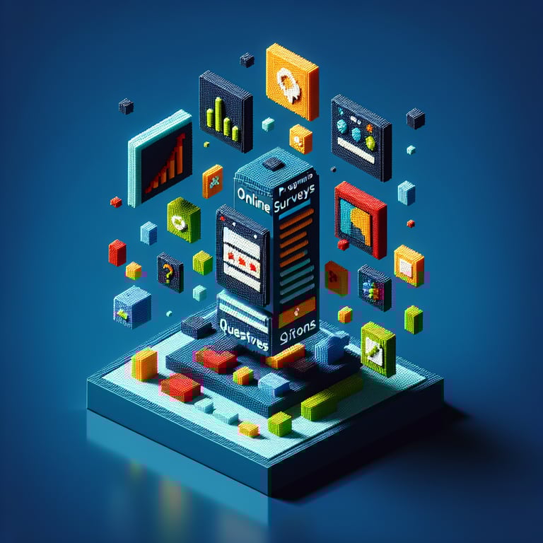 3D voxel art depicting the concept of online program evaluation surveys on a dark blue background.
