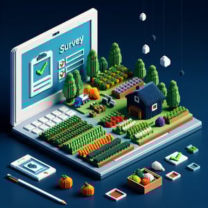 3D voxel art depicting online organic food surveys on a dark blue background.