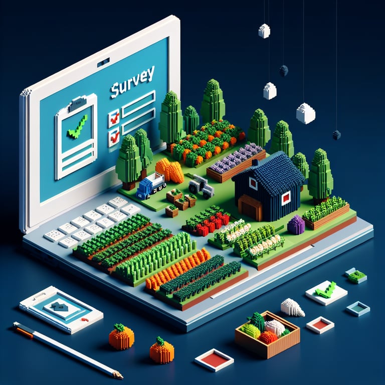 3D voxel art depicting online organic food surveys on a dark blue background.