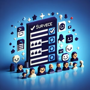 3D voxel art depicting online survey concept on a dark blue background for candidate feedback.