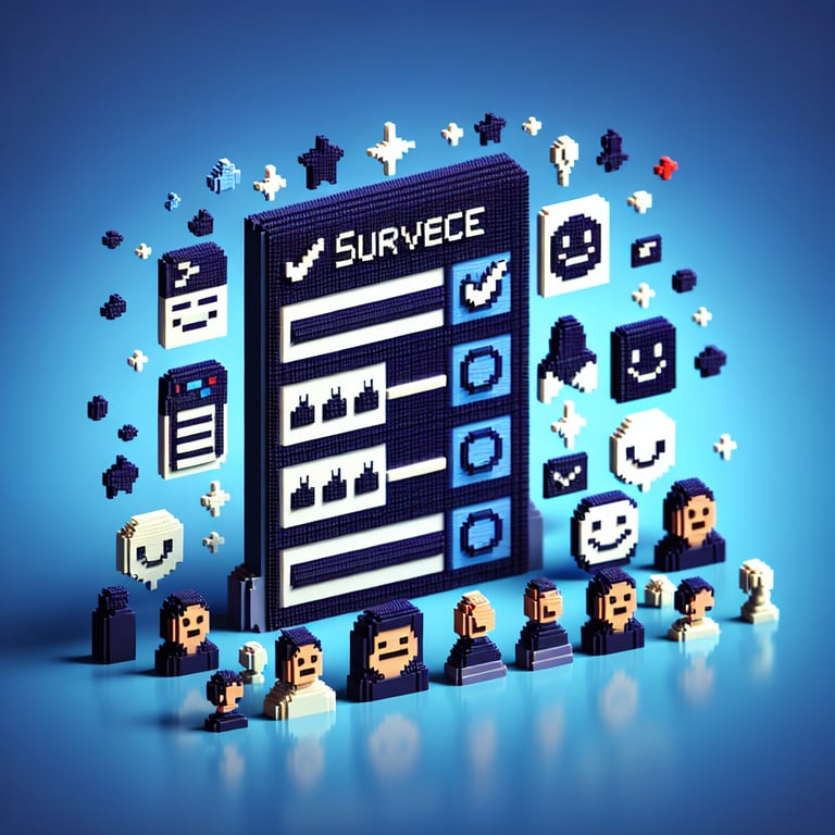 3D voxel art depicting online survey concept on a dark blue background for candidate feedback.