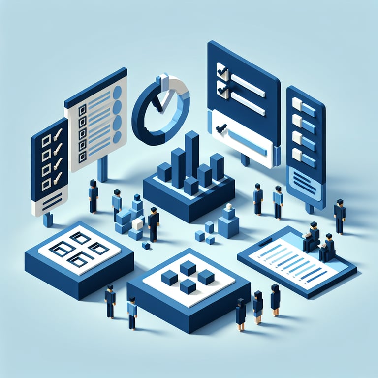 3D voxel art depicting online surveys and questions on a dark blue background, suitable for a quiz landing page.