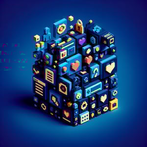 3D voxel art depicting online relationship surveys with a dark blue background.