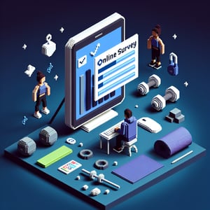 3D voxel art depicting online fitness center surveys with a dark blue background.