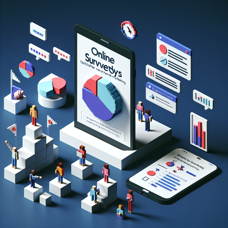 3D voxel art depicting online surveys, symbolizing mobile home marketing competitor research on a dark blue background.