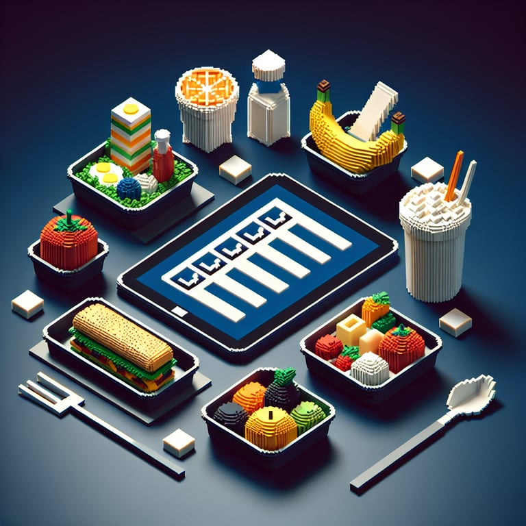 3D voxel art depicting online cafeteria food surveys on a dark blue background.