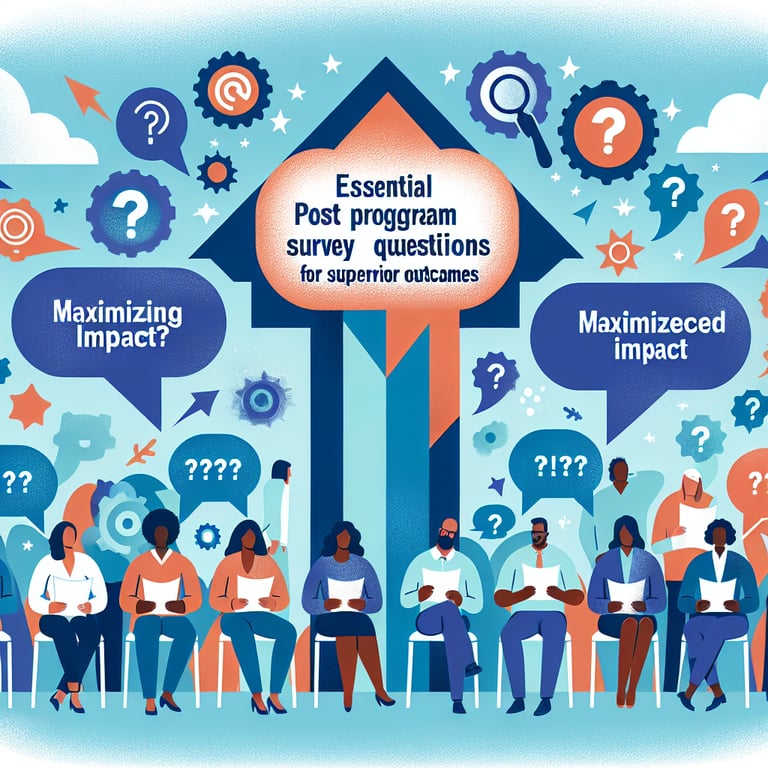 Illustration of essential Post Program Feedback survey questions for maximizing impact and superior outcomes.