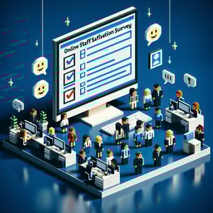 3D voxel art depicting online staff satisfaction surveys on a dark blue background.