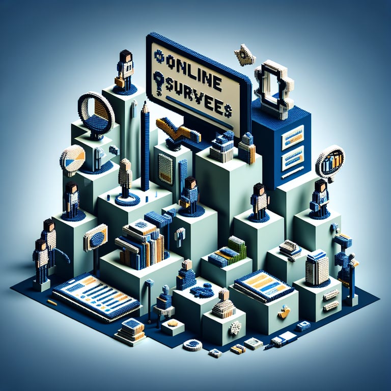 3D voxel art depicting online teacher surveys on a dark blue background.