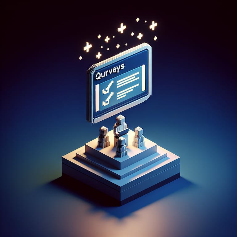 3D voxel art depicting online surveys, set against a dark blue background, symbolizing non-attendee surveys.