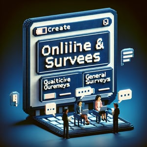 3D voxel art depicting the concept of online qualitative general social surveys on a dark blue background.