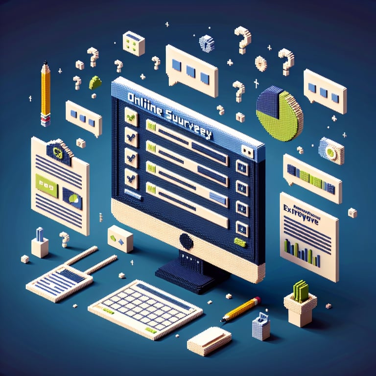 Artistic 3D voxel illustrating academic feedback and survey design