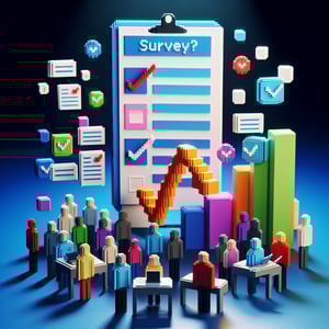 3D voxel art depicting the concept of online procurement surveys on a dark blue background.