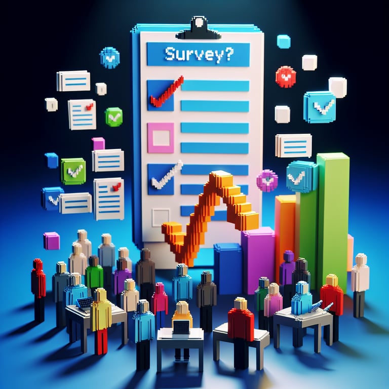3D voxel art depicting the concept of online procurement surveys on a dark blue background.