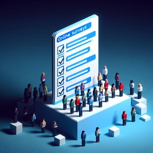 3D voxel art depicting online gender identity surveys, featuring engaging elements on a dark blue background.