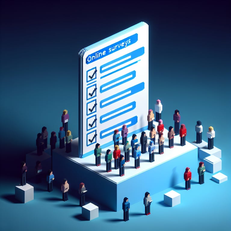 3D voxel art depicting online gender identity surveys, featuring engaging elements on a dark blue background.