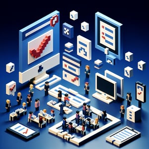 3D voxel art illustrating online class surveys on a dark blue background.