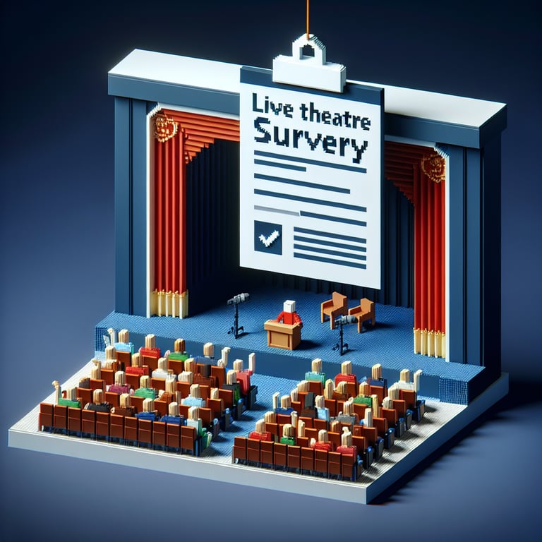 3D voxel art depicting online live theatre surveys with a dark blue background.