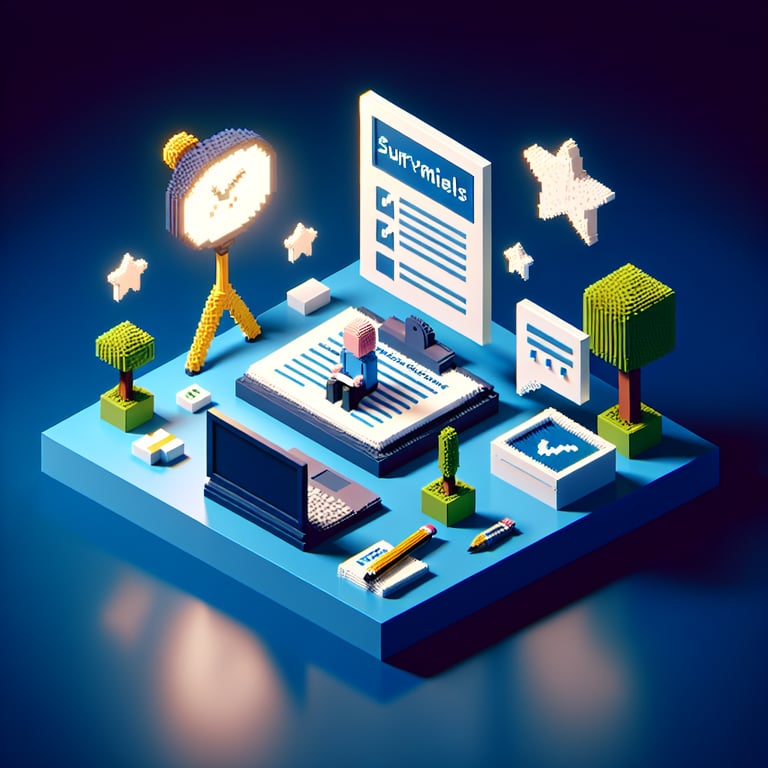 3D voxel art depicting online survey process, ideal for testimonials survey questions, on a dark blue background.