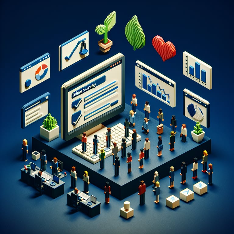 3D voxel art depicting the concept of online wellbeing survey questions on a dark blue background.