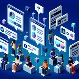 3D voxel art depicting online surveys, with a dark blue background, targeted at millennials.