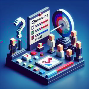 3D voxel art depicting online consumer trust surveys, set against a dark blue background.