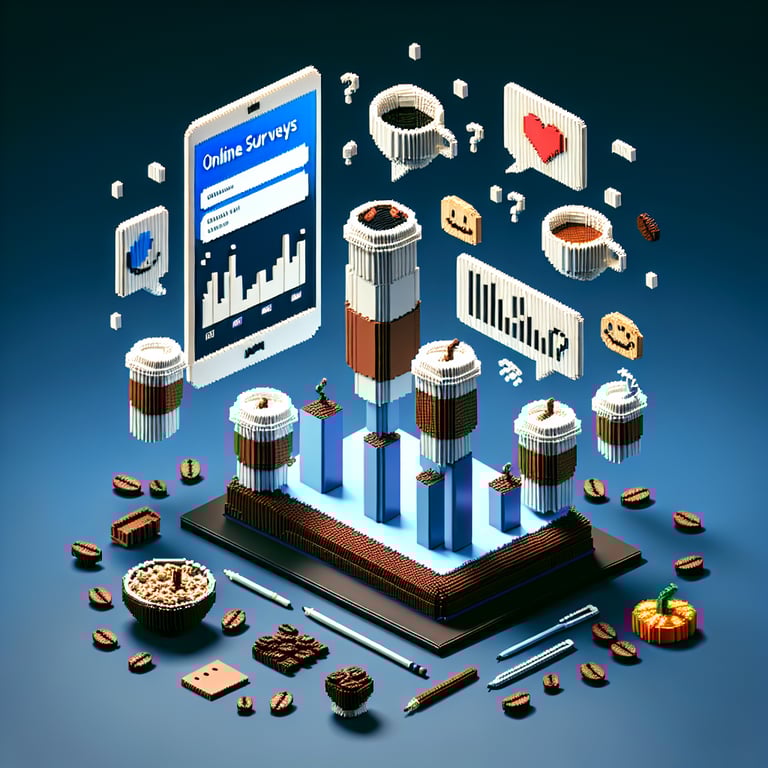 3D voxel art illustrating online caffeine consumption survey with a dark blue background.