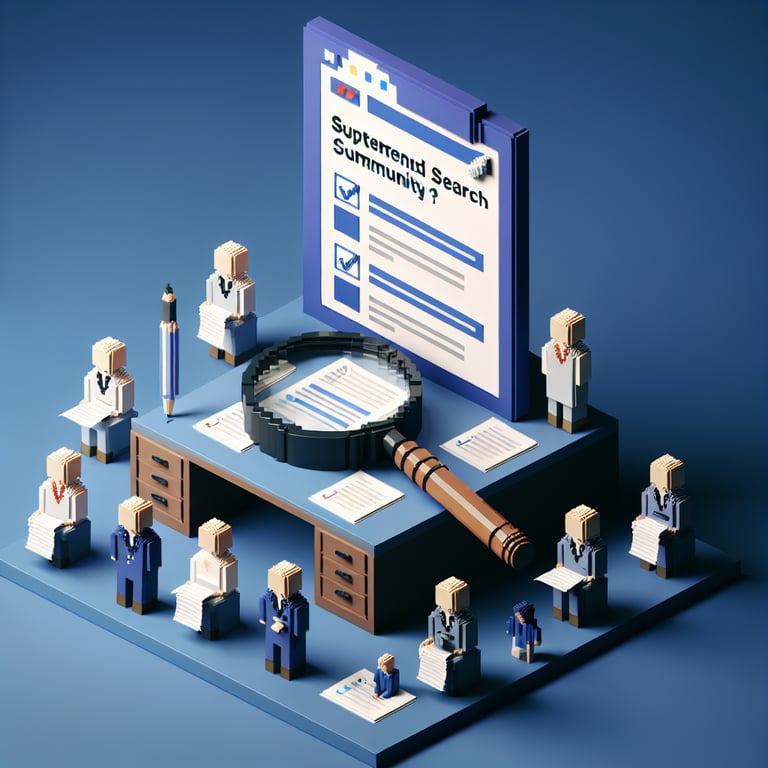 3D voxel art depicting online superintendent search community survey process on a dark blue background.