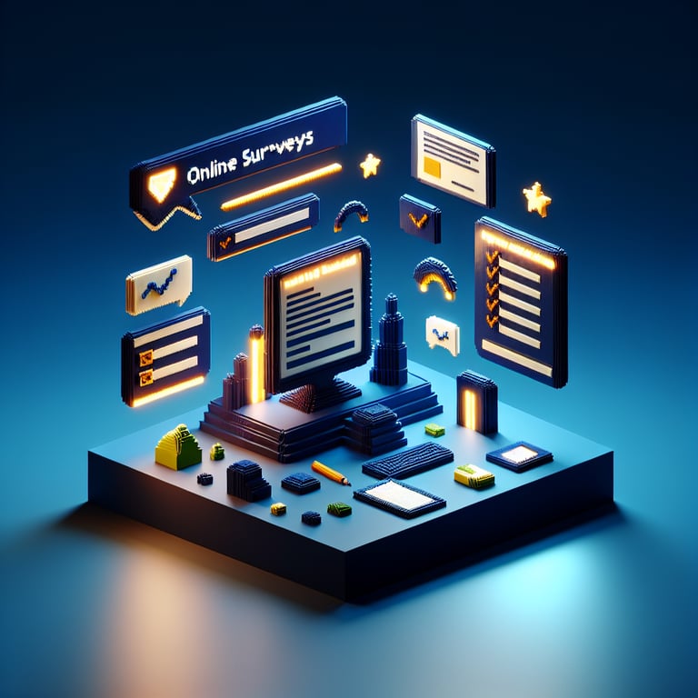 3D voxel art illustrating the concept of online surveys, set against a dark blue background.
