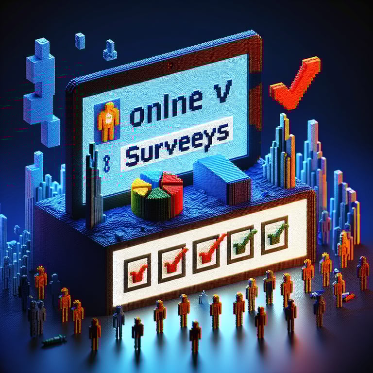 3D voxel art depicting the concept of online HIV survey questions on a dark blue background.