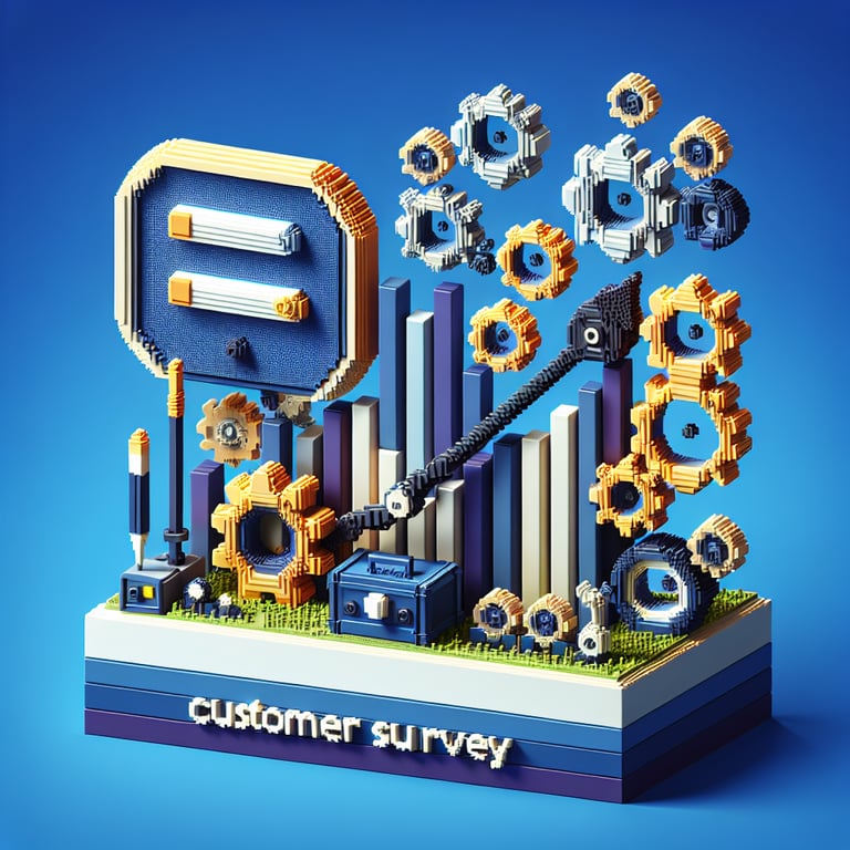 3D voxel art depicting online business customer surveys on a dark blue background.