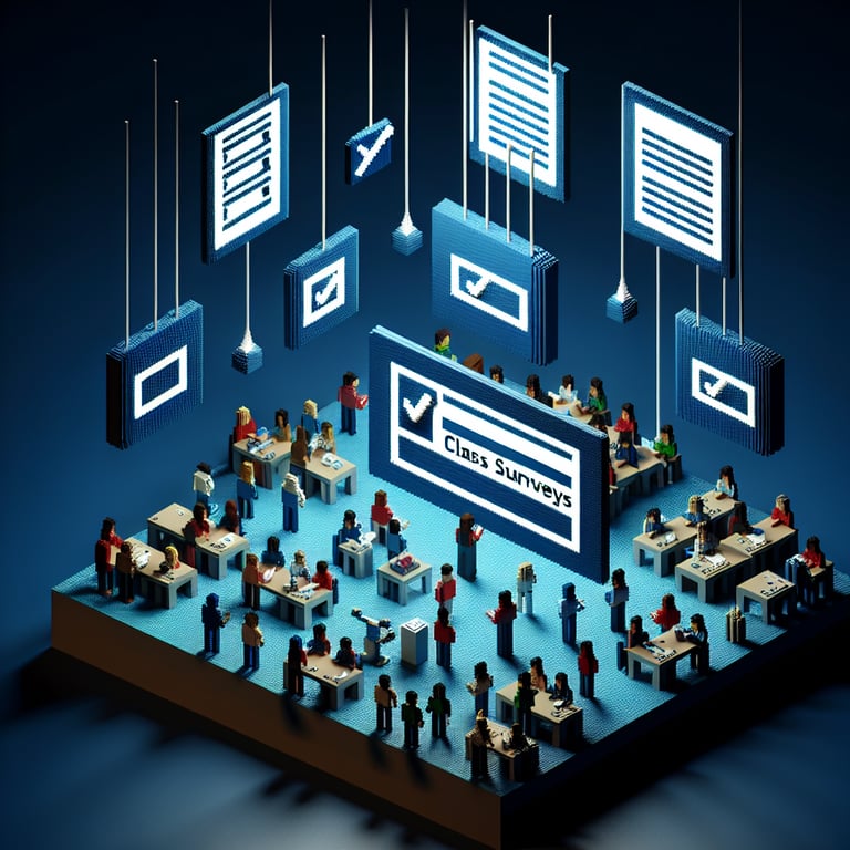 Artistic 3D voxel depicting a digital feedback poll screen with student icons on blue background