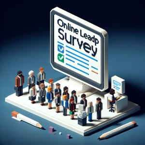 3D voxel art depicting online leadership survey concept on a dark blue background.