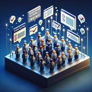3D voxel art depicting online surveys on a dark blue background, symbolizing social status surveys.