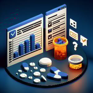 3D voxel art depicting online surveys related to prescription drug abuse on a dark blue background.