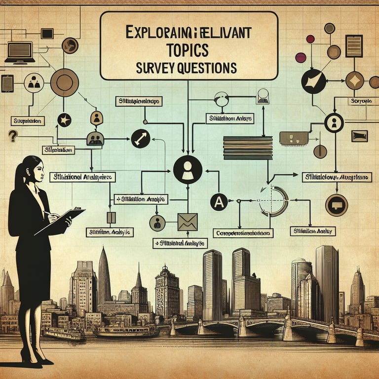 Illustration representing the concept of exploring relevant topics in Situational Analysis survey questions.