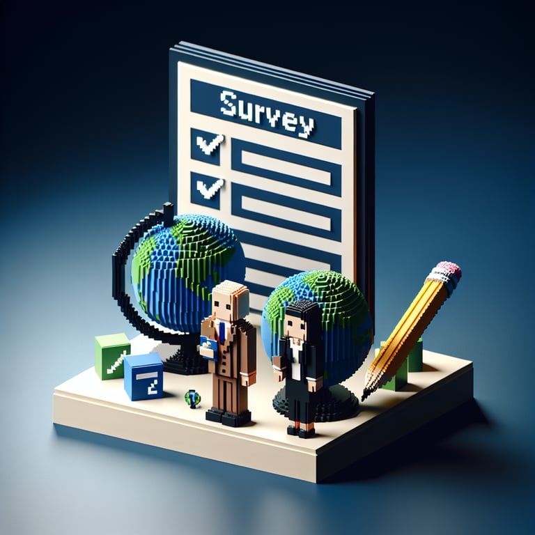 3D voxel artwork illustrating a bilingual feedback questionnaire in deep blue tones.