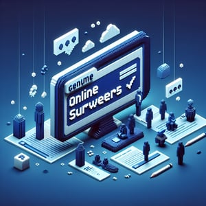 3D voxel art depicting online reception survey concept on a dark blue background.